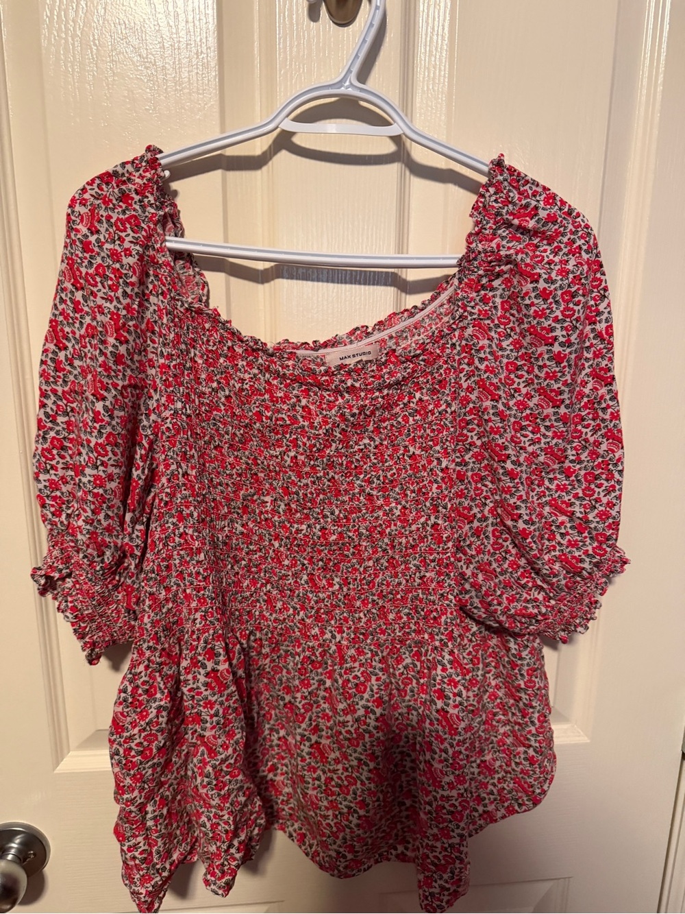 Red Floral Smocked Peasant Top - Women